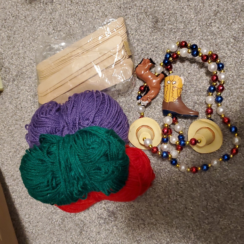 Craft bundle 3rolls yarn-Red,Green, Purp.CountryWestern Beads/charms popsicle st